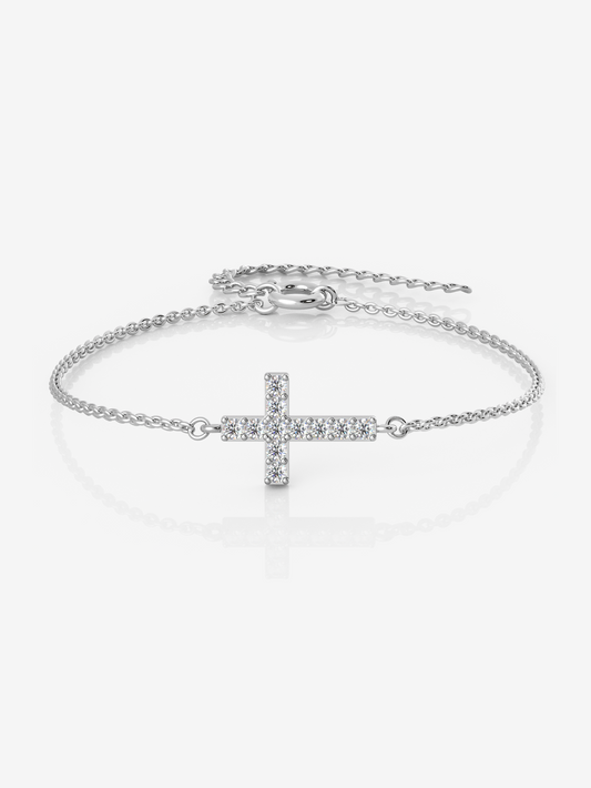 Silver Dainty Cross Bracelet, Rhodium Plated