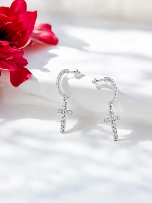 Cross Hoop Earrings 925 Silver and Rhodium Plated