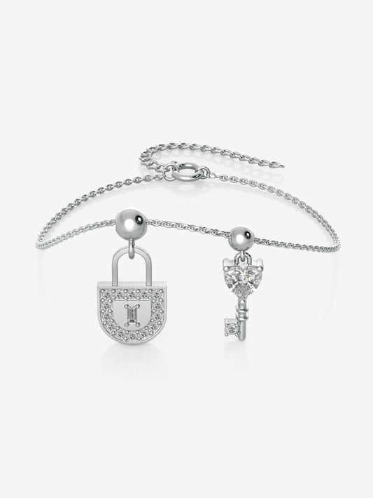 Silver Lock & Key Charm Bracelet, Rhodium Plated