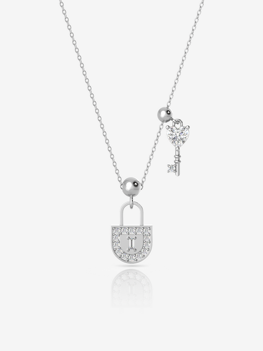 Silver Lock & Key Charm Necklace, Rhodium Plated