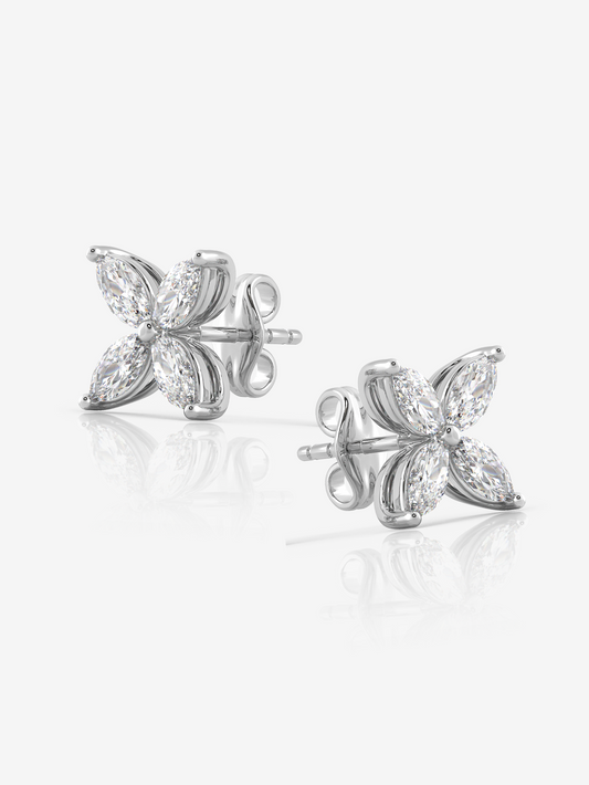 Silver Marquise Floral Earrings, Rhodium Plated