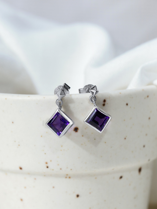 Amethyst Drop Earrings 925 Sterling Silver and Rhodium Plated - Verozi