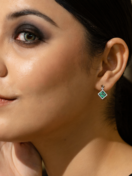 Silver Emerald Green Drop Earrings and Rhodium Plated